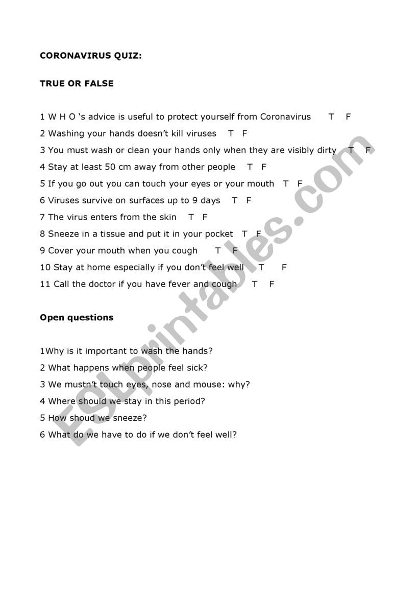 Coronavirus Quiz worksheet