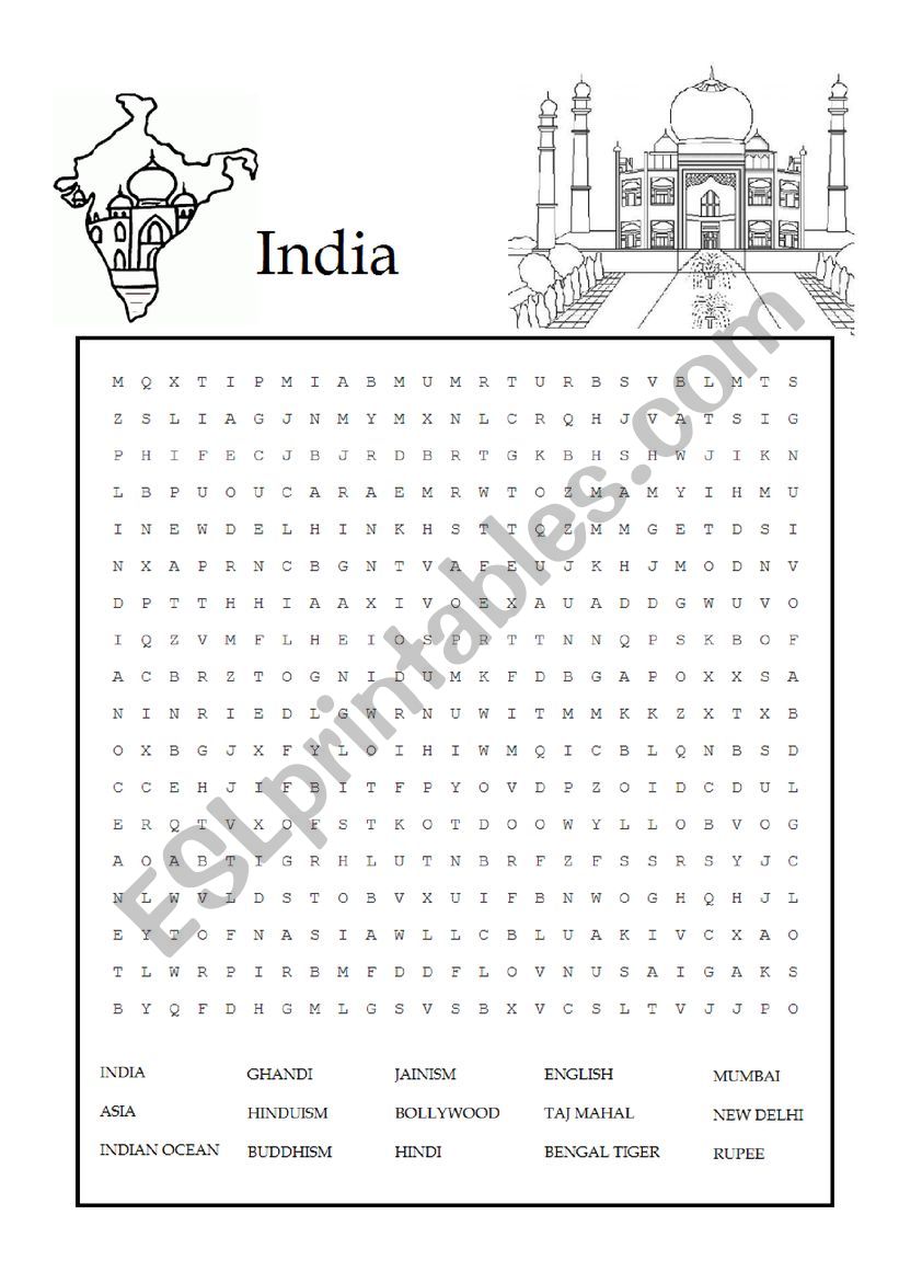india word search worksheet