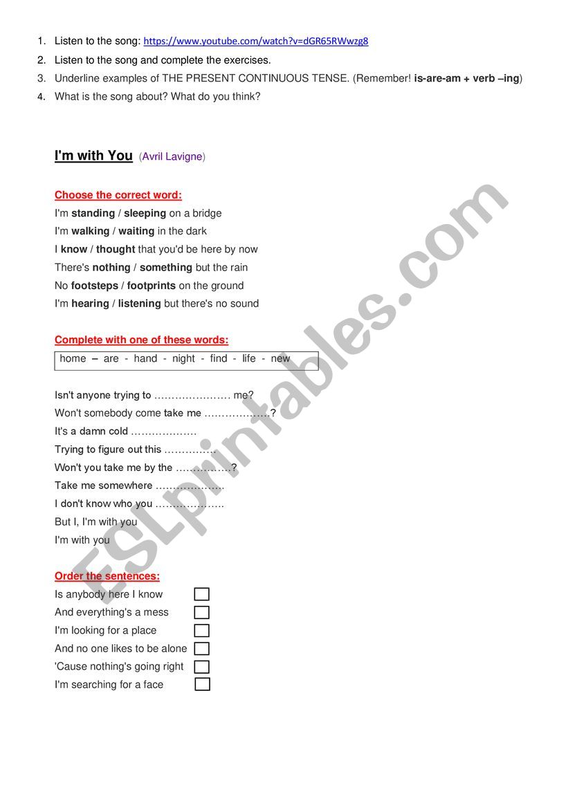 Im with you - song worksheet