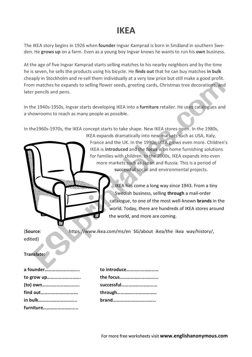 IKEA reading worksheet