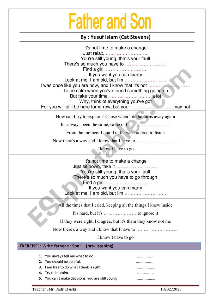 Father and Son with exercises worksheet