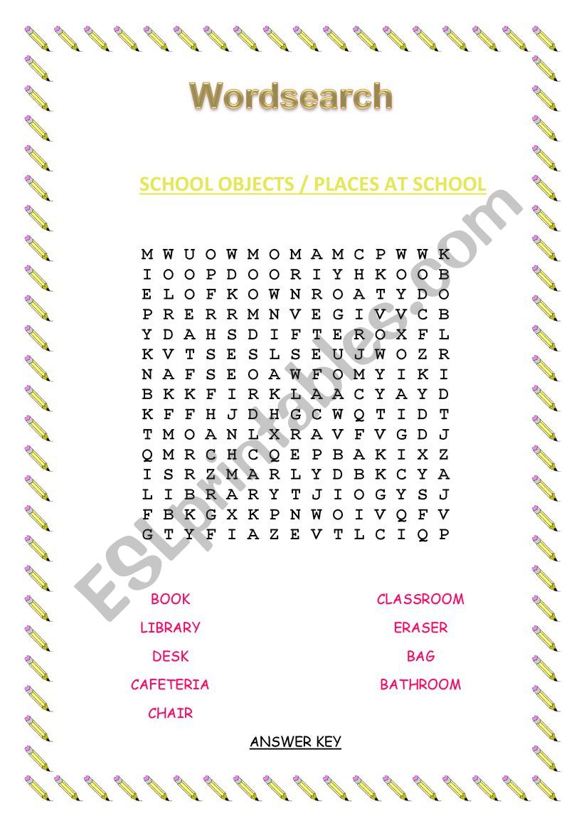 Wordsearch - School (Places and Objects)