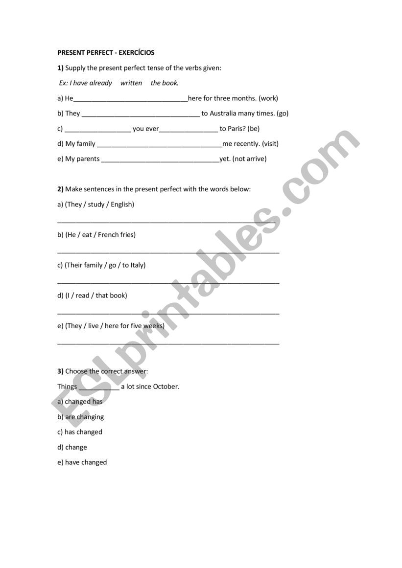 Present perfect tense worksheet
