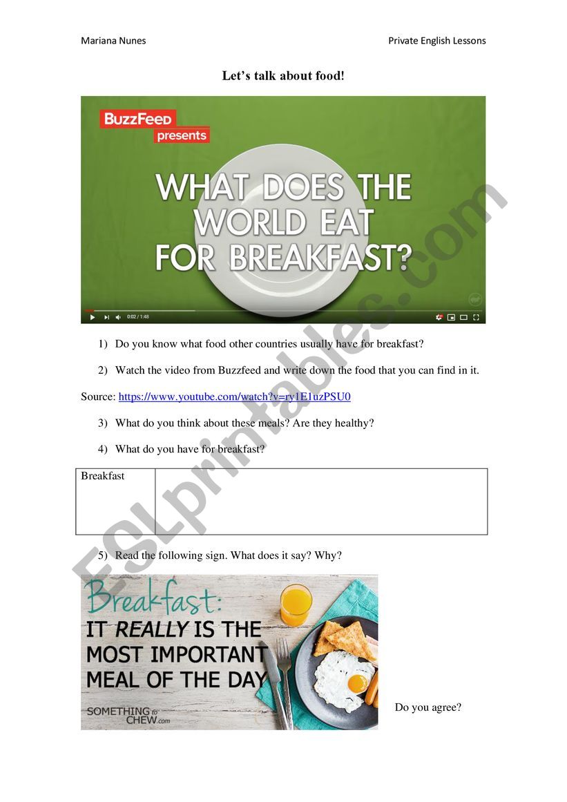 Talking about food worksheet