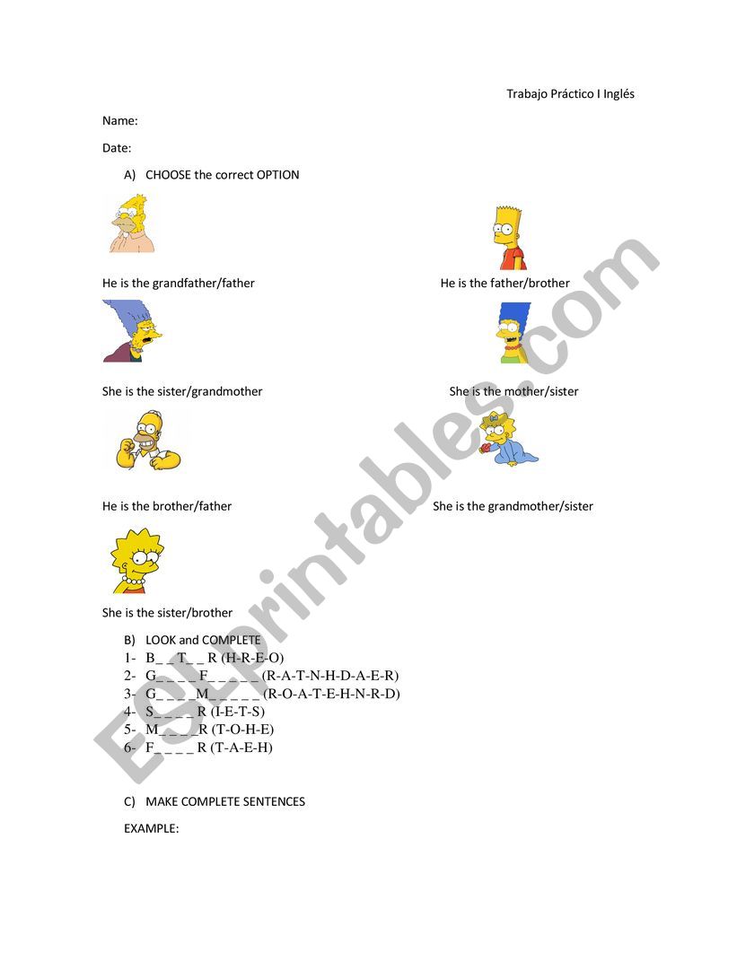Family Members worksheet