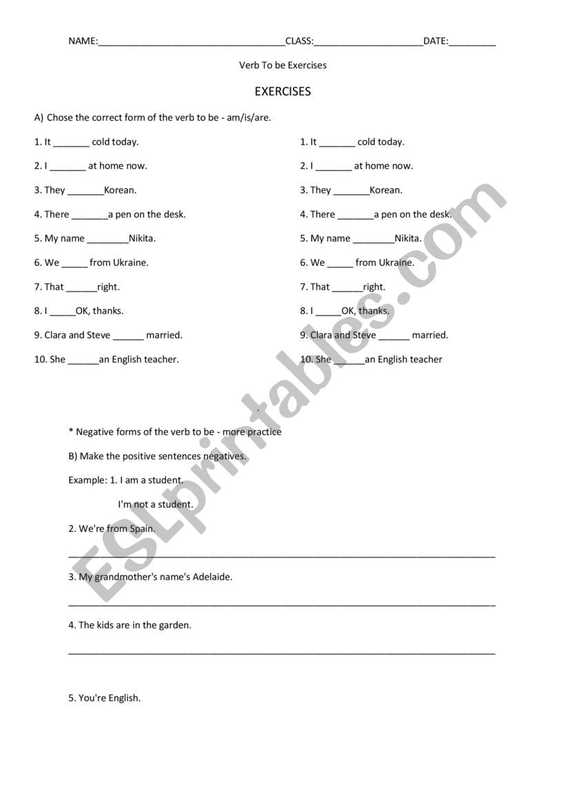 Verb to be exercise  worksheet