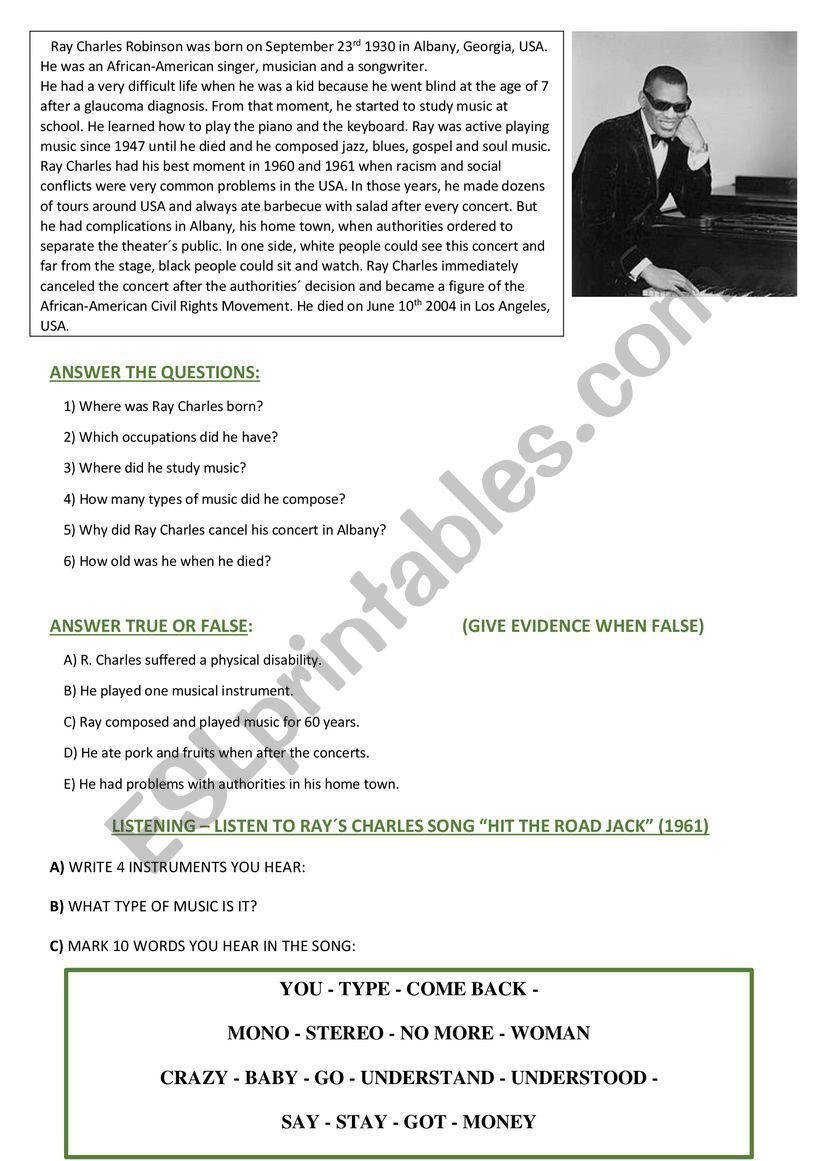 Ray Charles worksheet