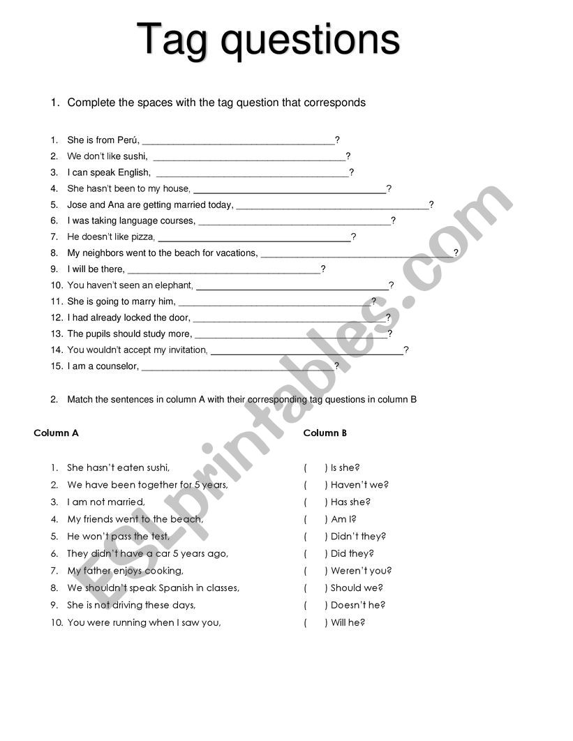 Tag questions worksheet