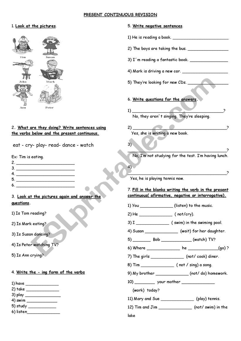 Present continuous revision worksheet