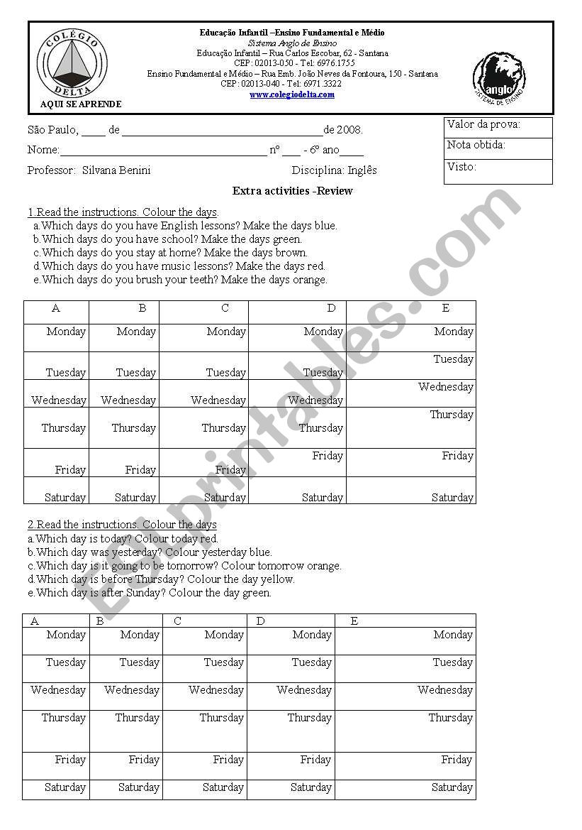 days of the week worksheet