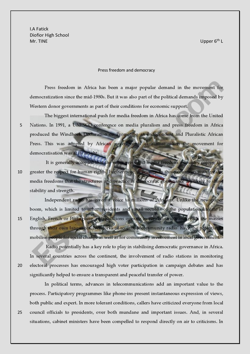 Press freedom and Democracy worksheet