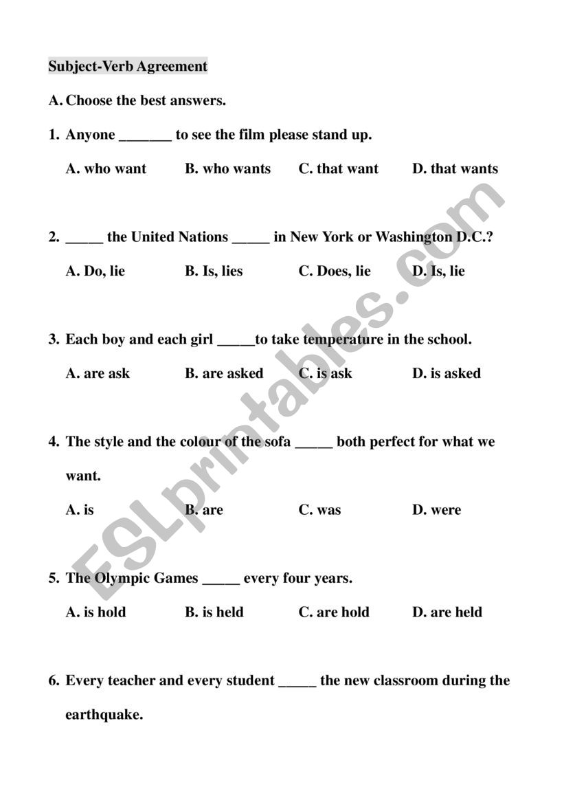 Subject Verb Agreement worksheet