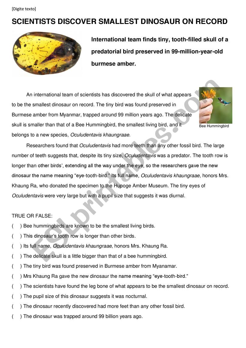 SMALLEST DINOSAUR ON RECORD worksheet