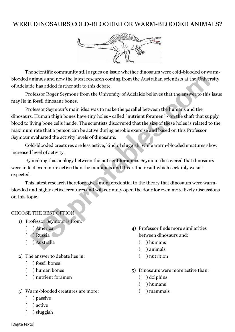 Were dinosaurs cold or warm blooded? - ESL worksheet by ranemiana