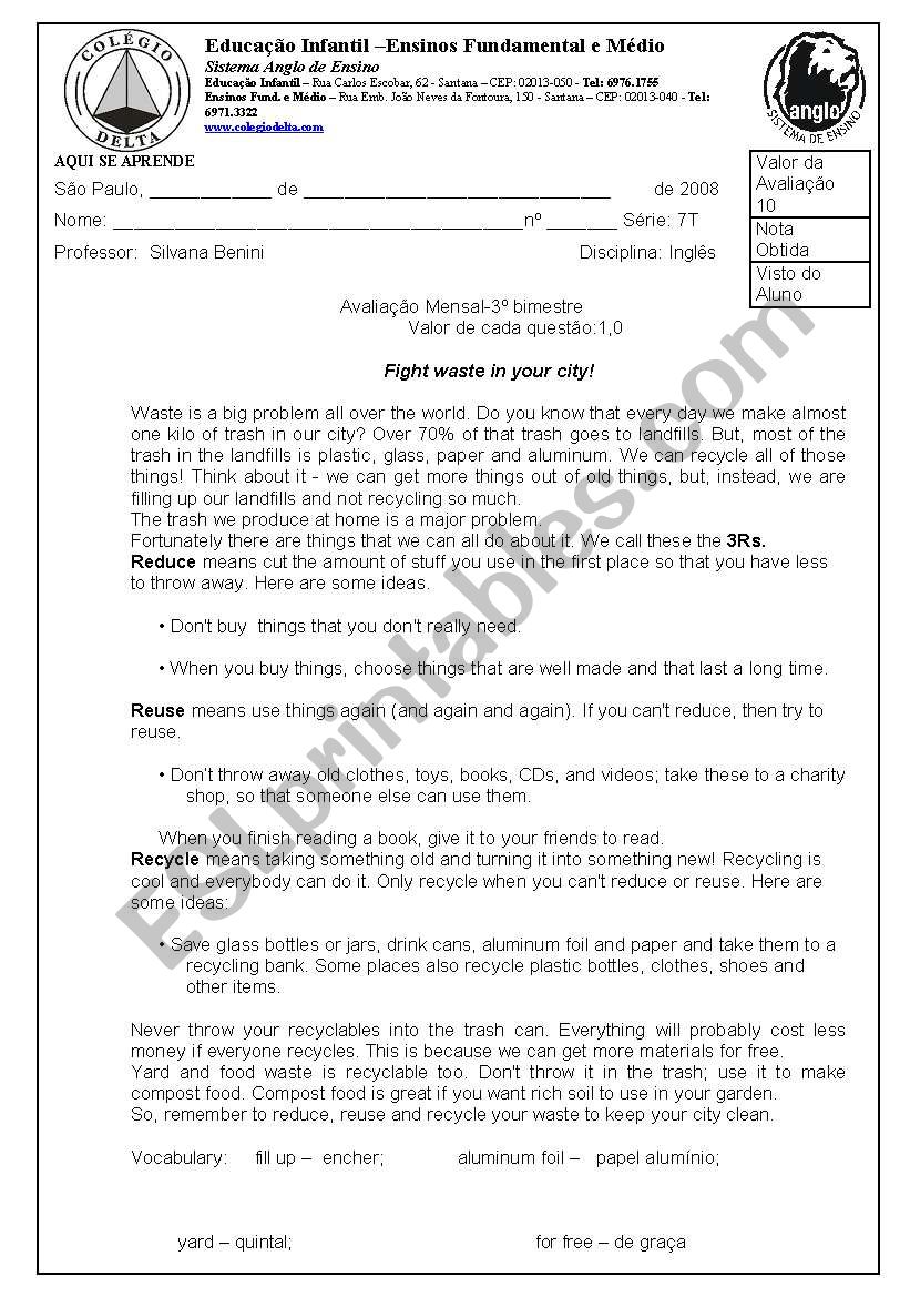 test  7  grade worksheet