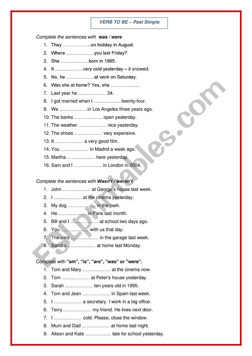 PAST SIMPLE - verb TOBE worksheet