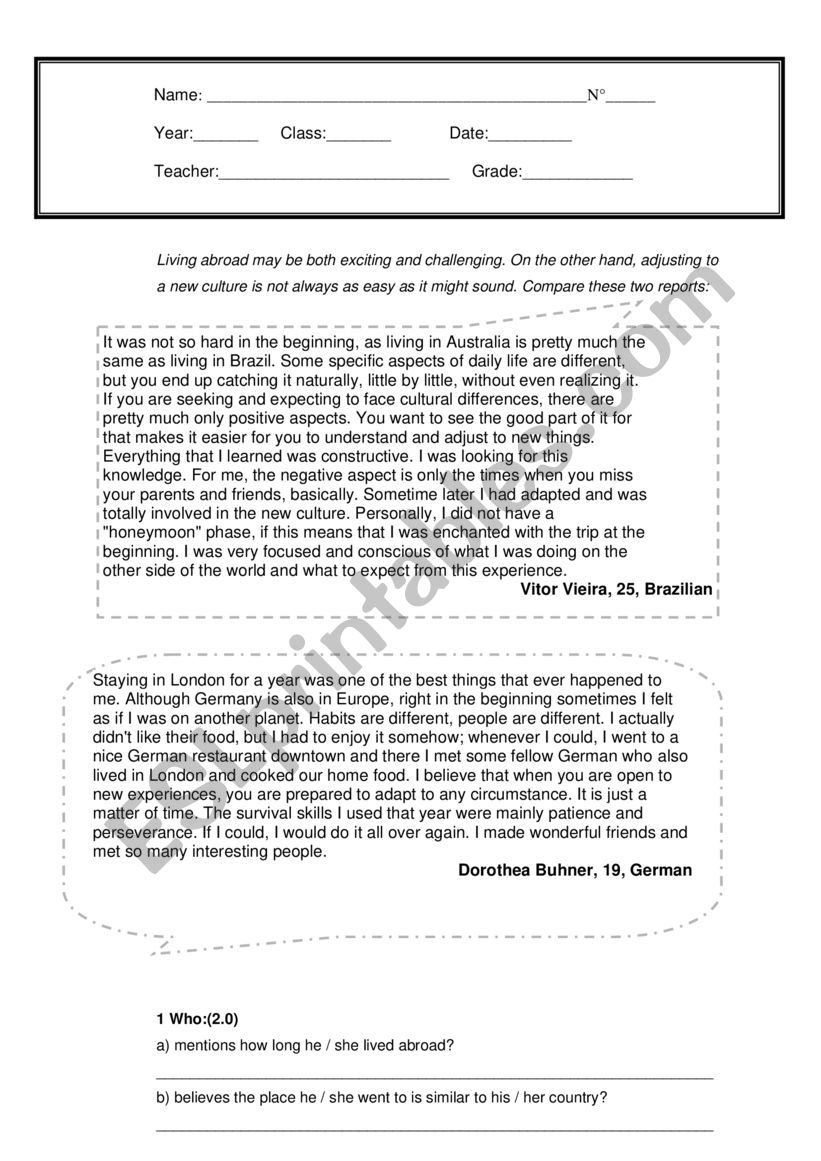 Test High school 3rd  grade worksheet