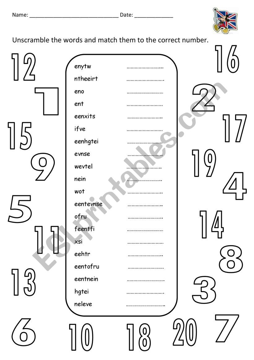 Nmubers matching game worksheet