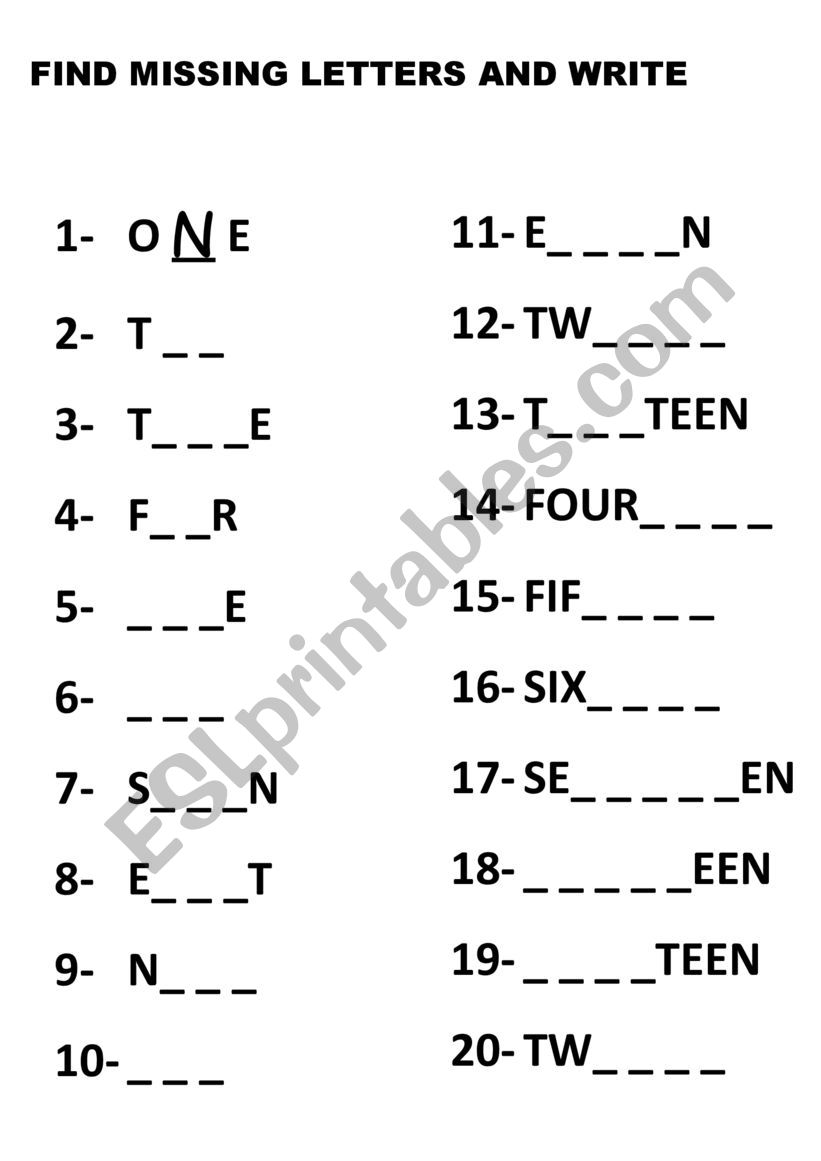 numbers - fill in gaps worksheet