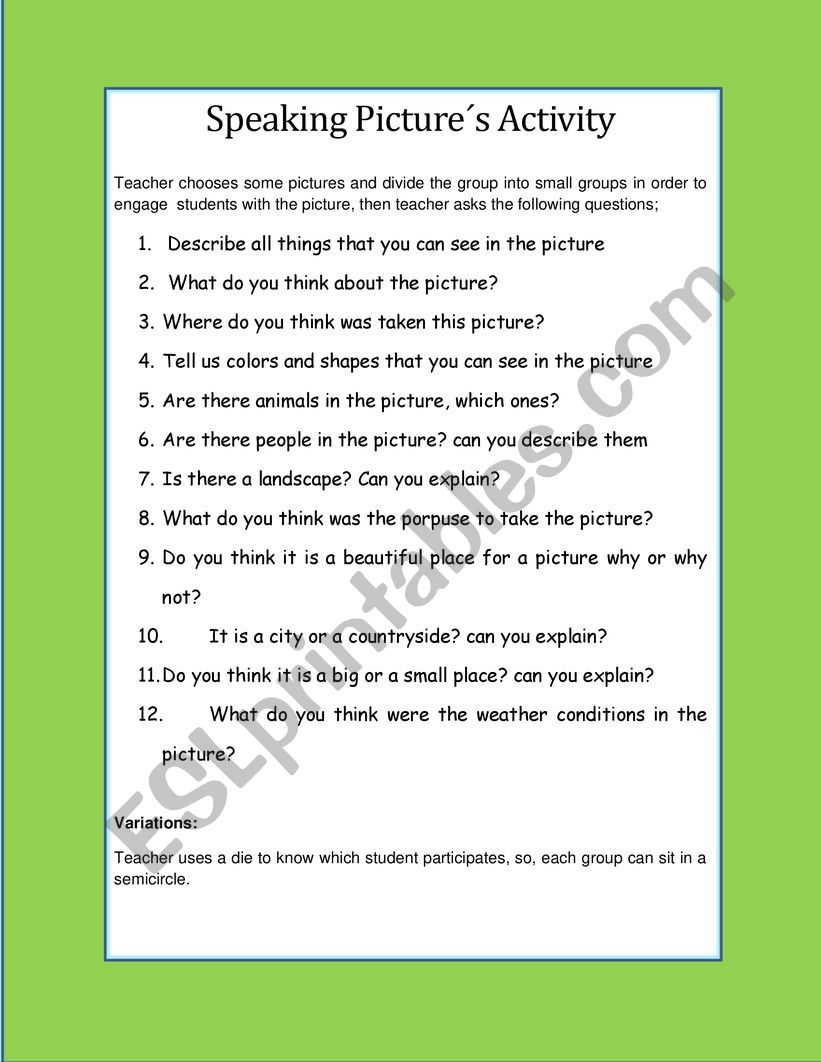 Speaking Pictures Activity worksheet