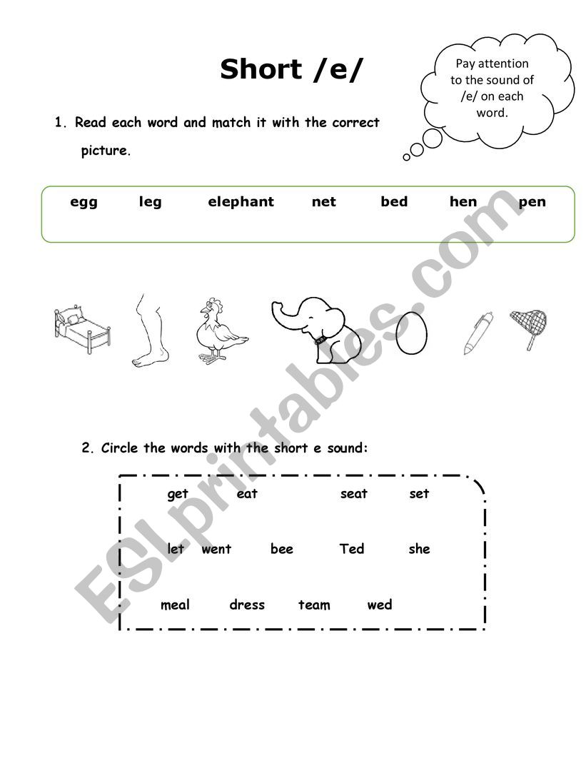 Short e worksheet