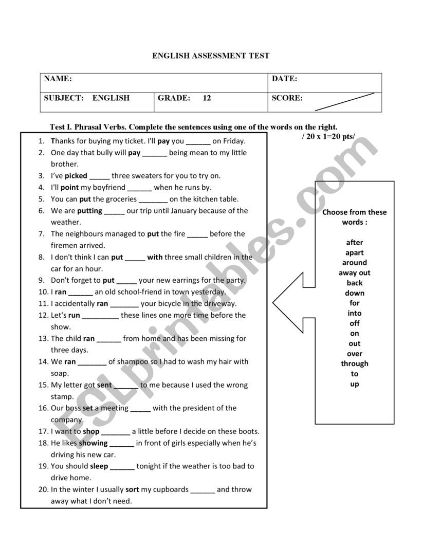 English Assessment Worksheet For Grade 1