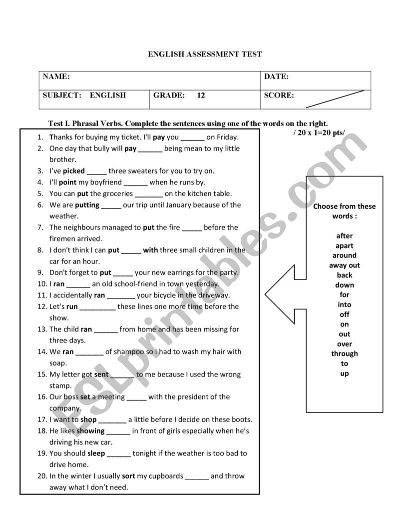 English Language Assessment Test ESL Worksheet By Ceglencarmen