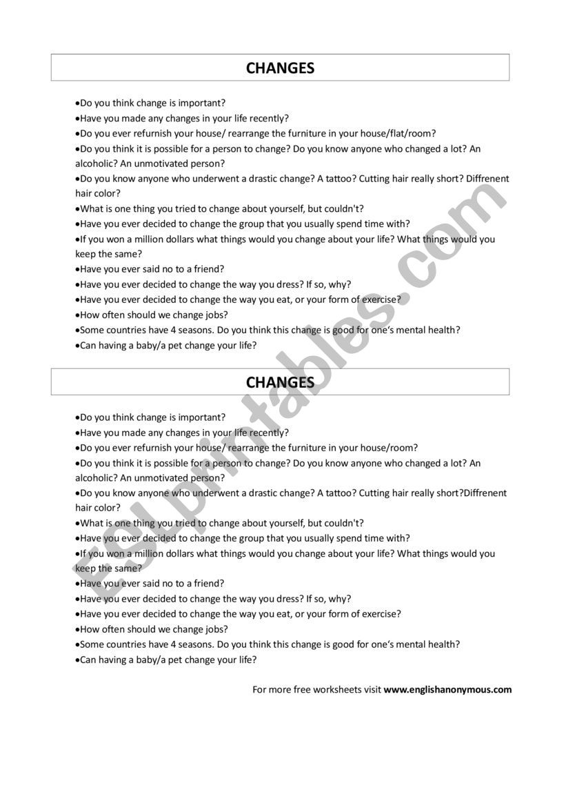 CHANGES speaking A2/B1 worksheet