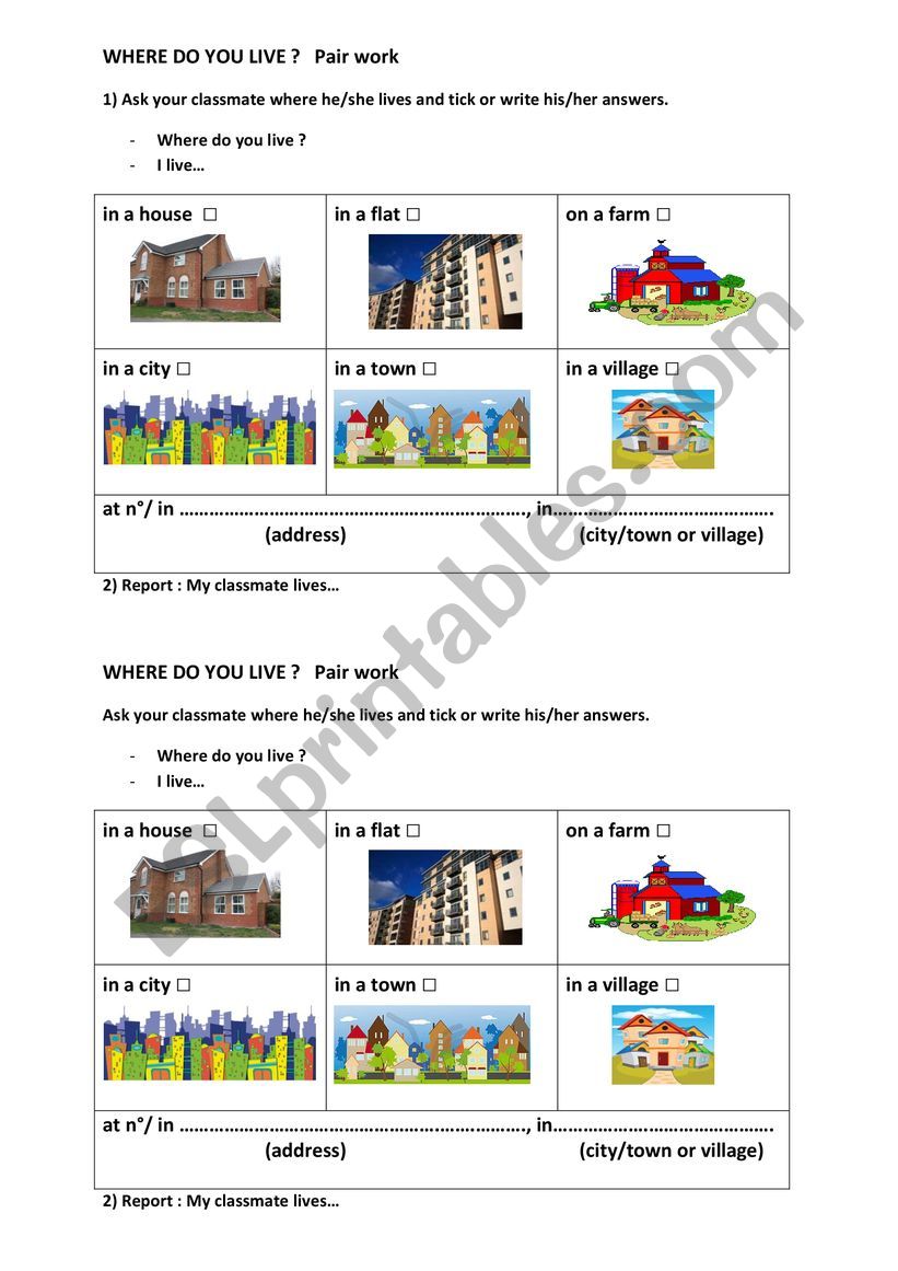 Where do you live ? Pair work worksheet
