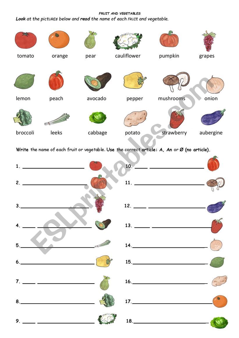 ARTICLES A / AN - FRUIT & VEGGIES