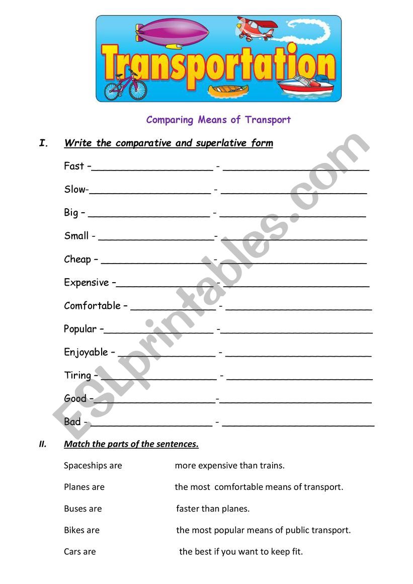 Transport. Comparing worksheet