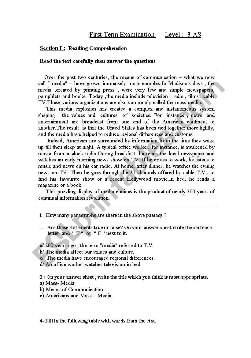 Means of Communication worksheet