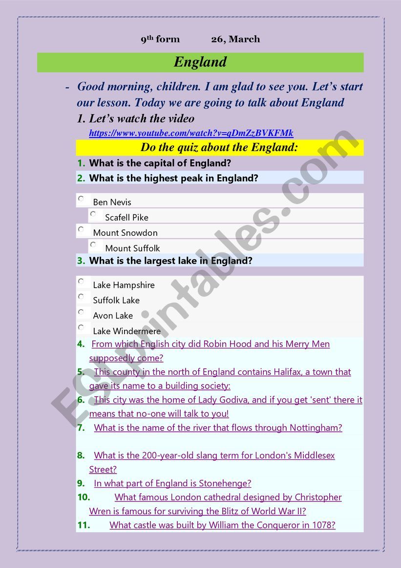 England worksheet