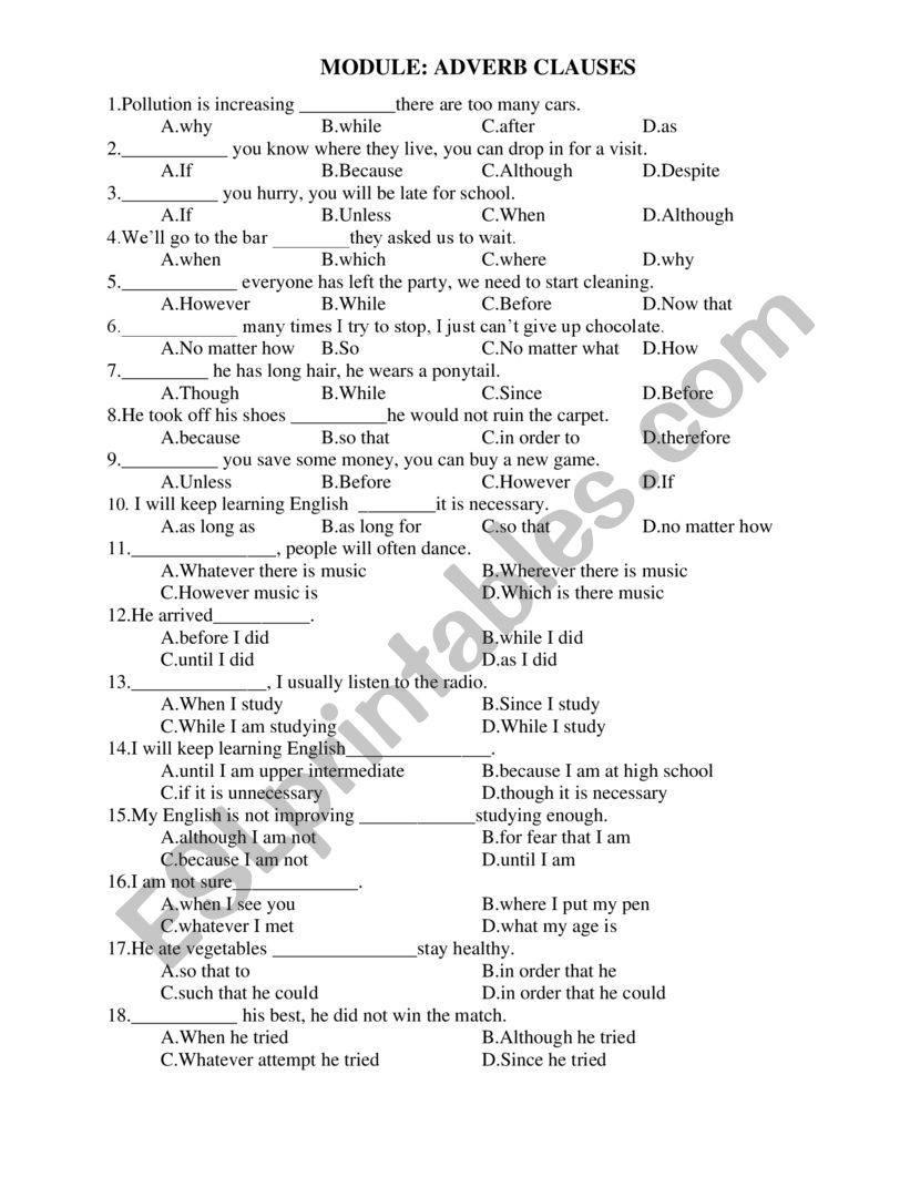 adverbial clauses  worksheet