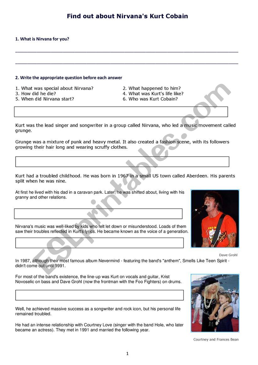 Find out about Nirvana worksheet