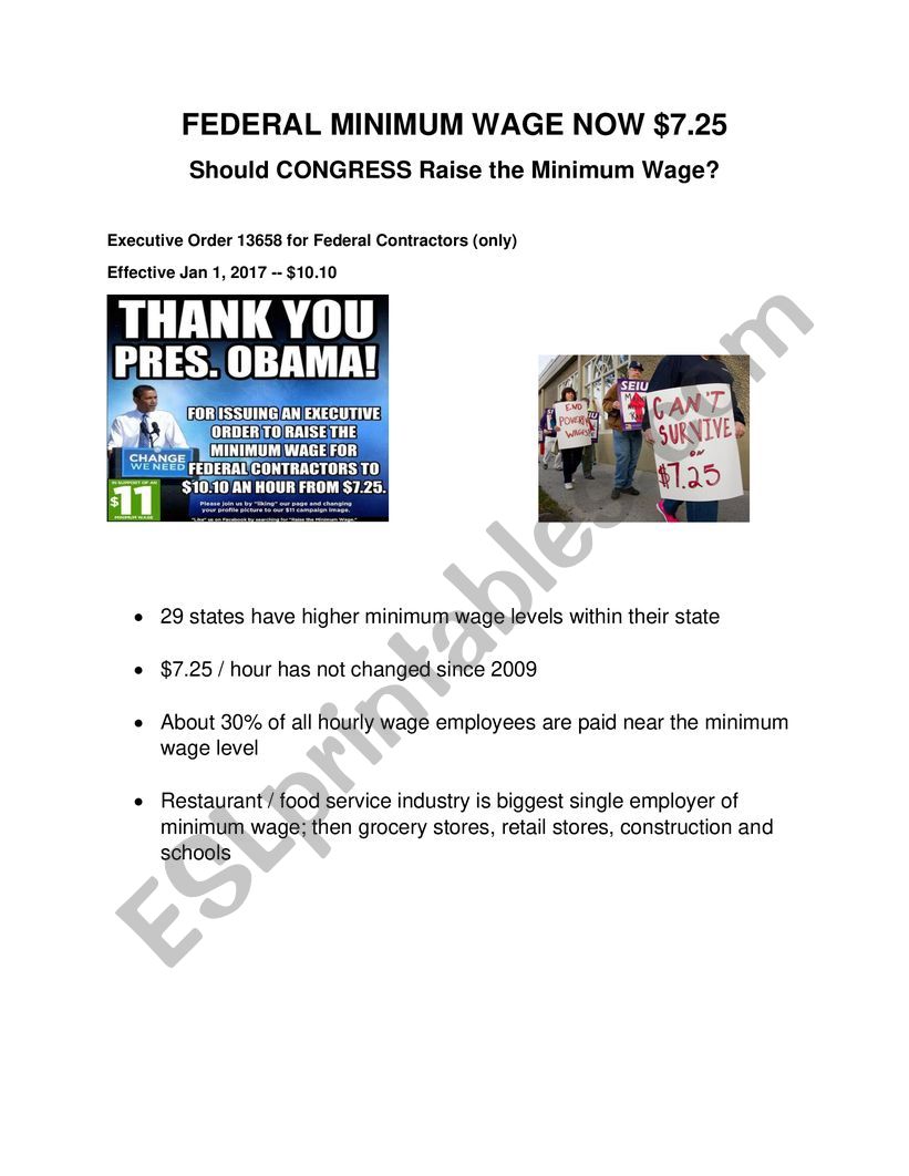 Minimum Wage Debate ESL worksheet by