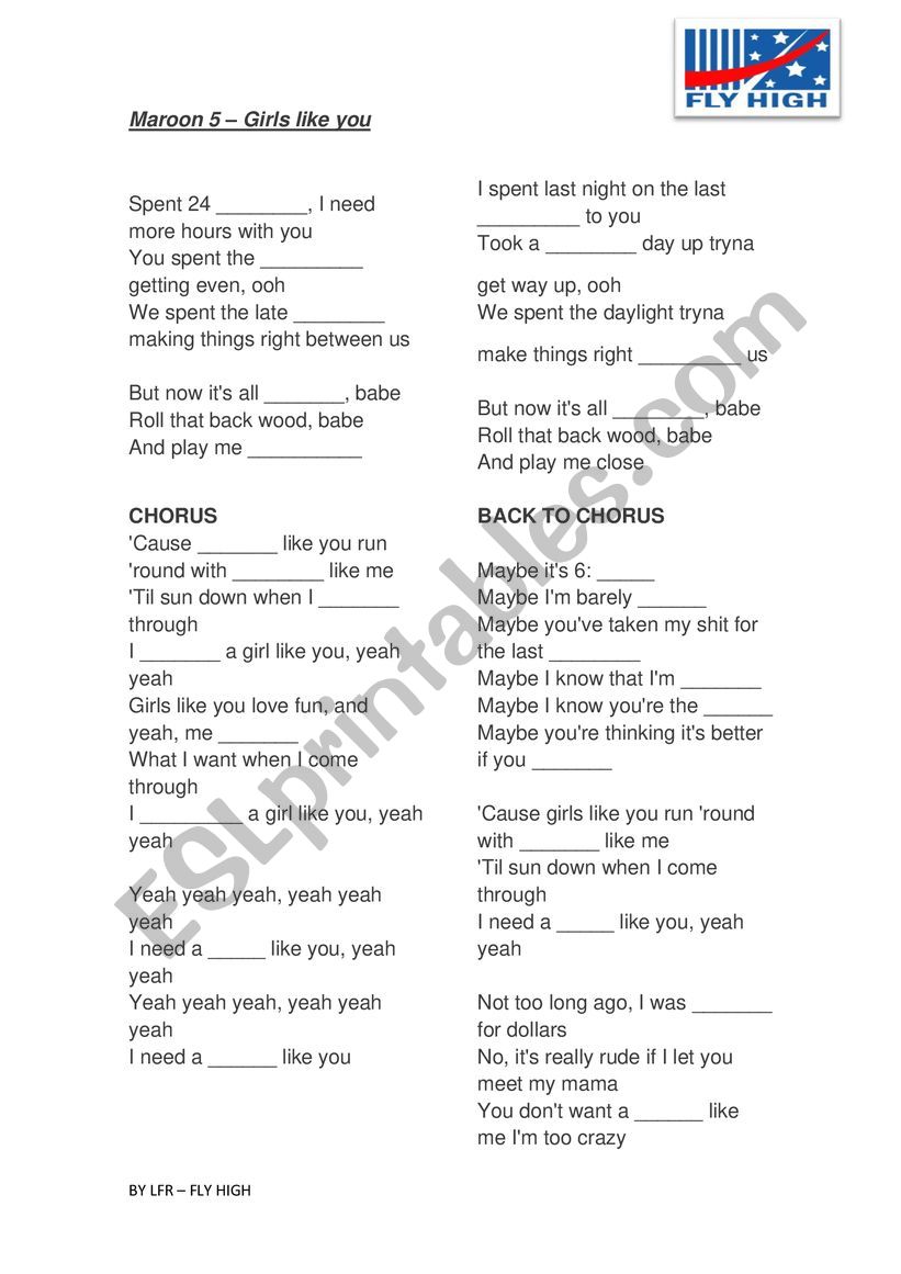 Maroon 5 - Girls like you song and n…: English ESL worksheets pdf & doc