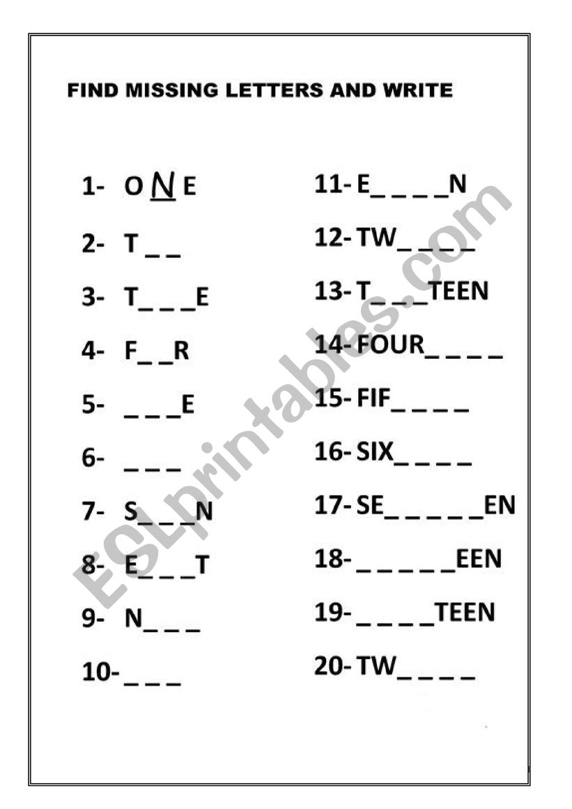 numbers worksheet