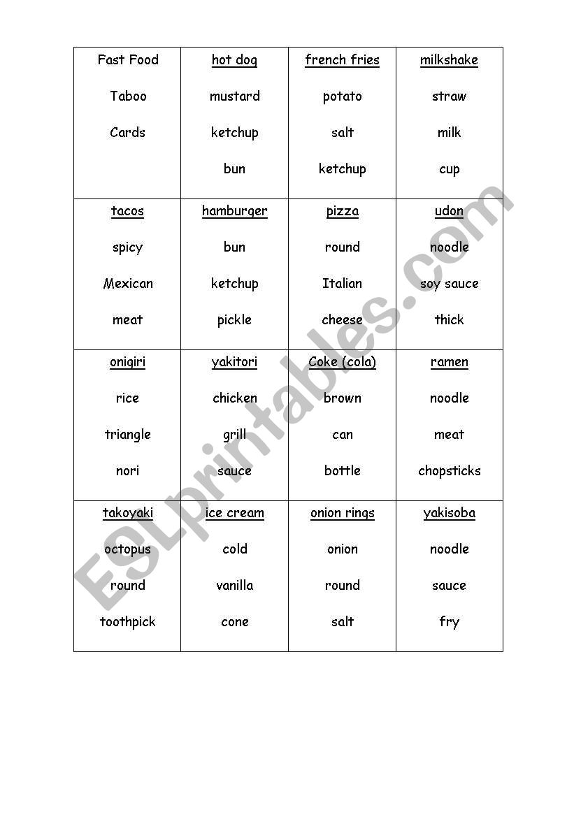 fast food taboo game worksheet