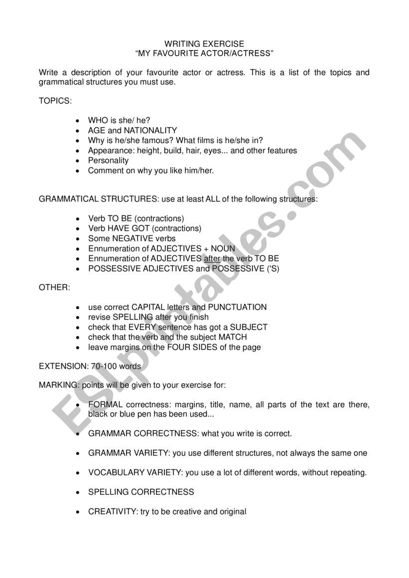 Describe your favourite actor worksheet