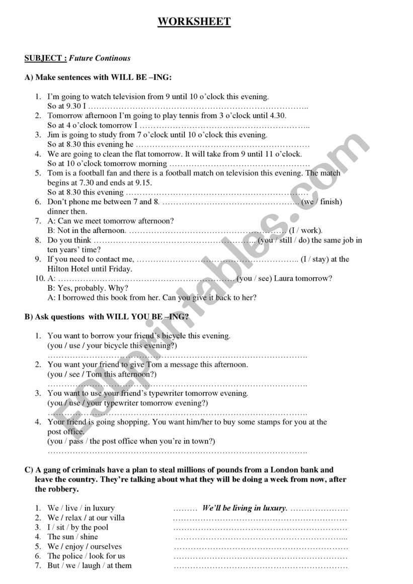 Future continuous worksheet