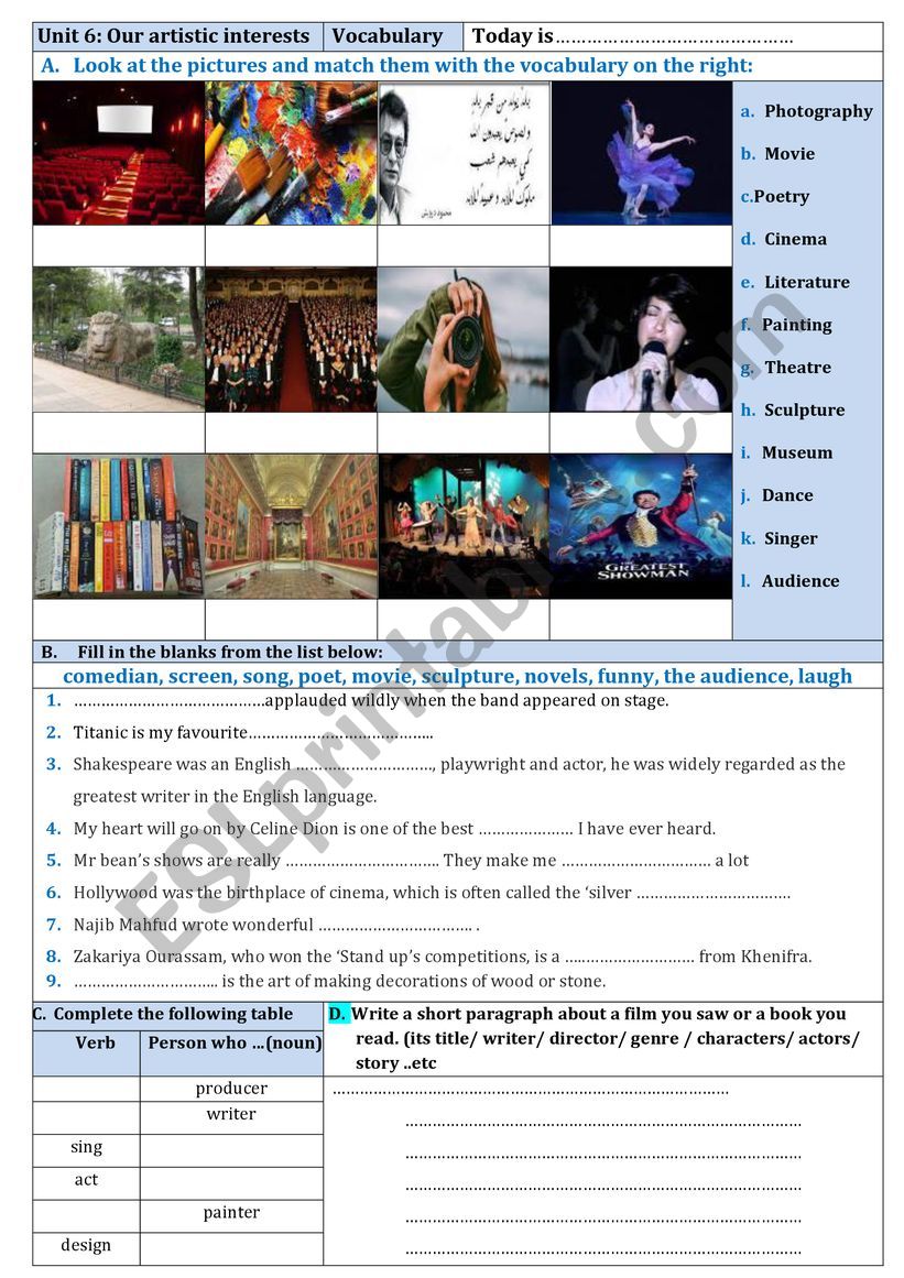  our artistic interests worksheet