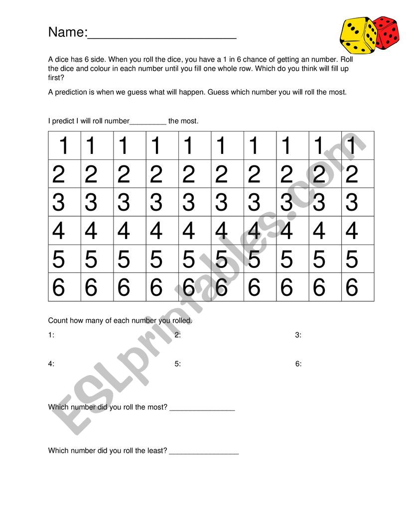 Dice activity worksheet