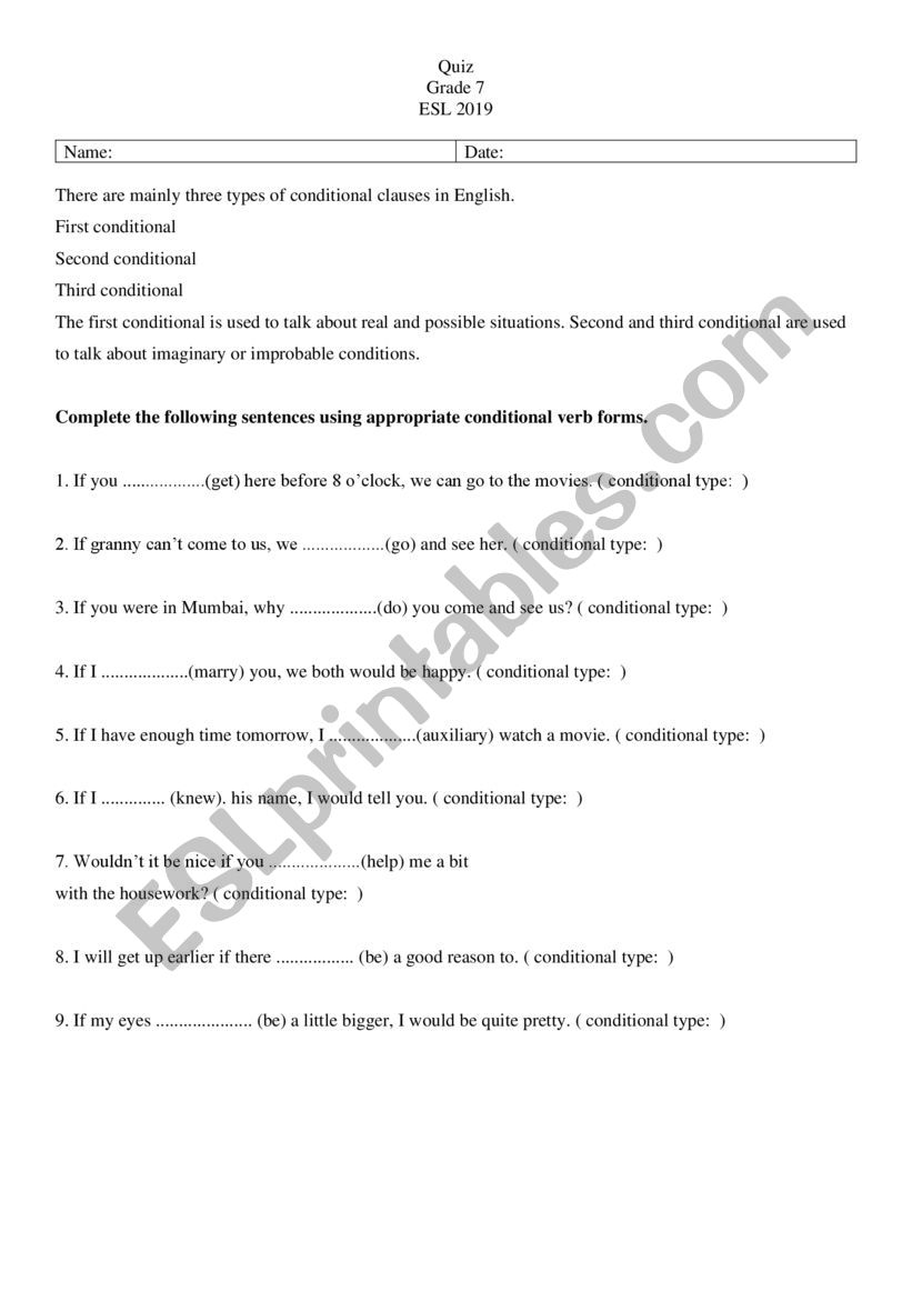 Conditional sentence worksheet