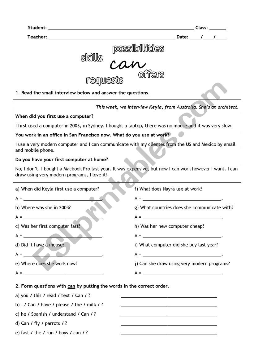 Can/can�t  worksheet