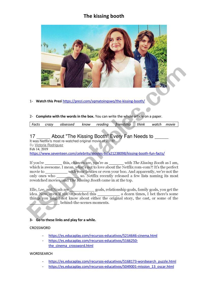 Kissing Booth - activities  worksheet