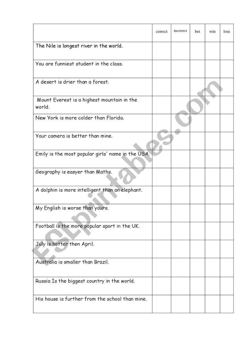 comparatives worksheet