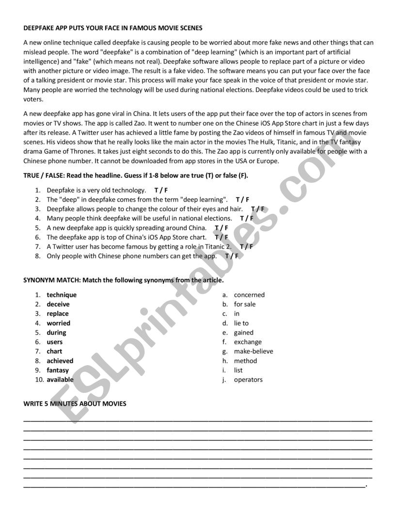 Deep fake app (reading) worksheet