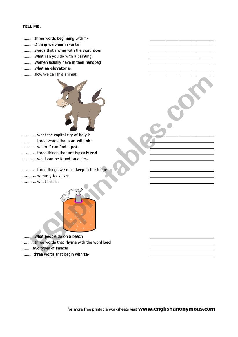 TELL ME..... game worksheet