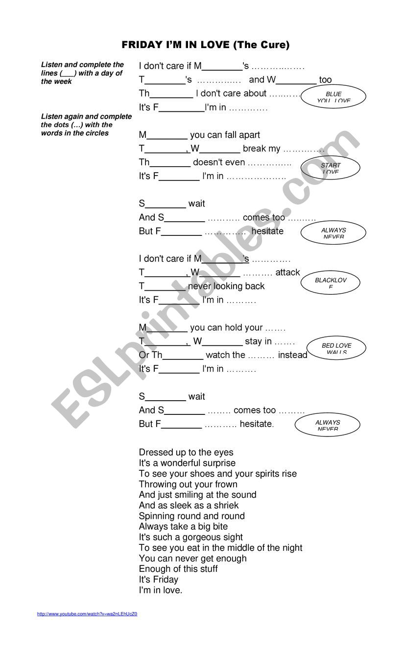 Friday IÃ¯Â¿Â½m in love worksheet